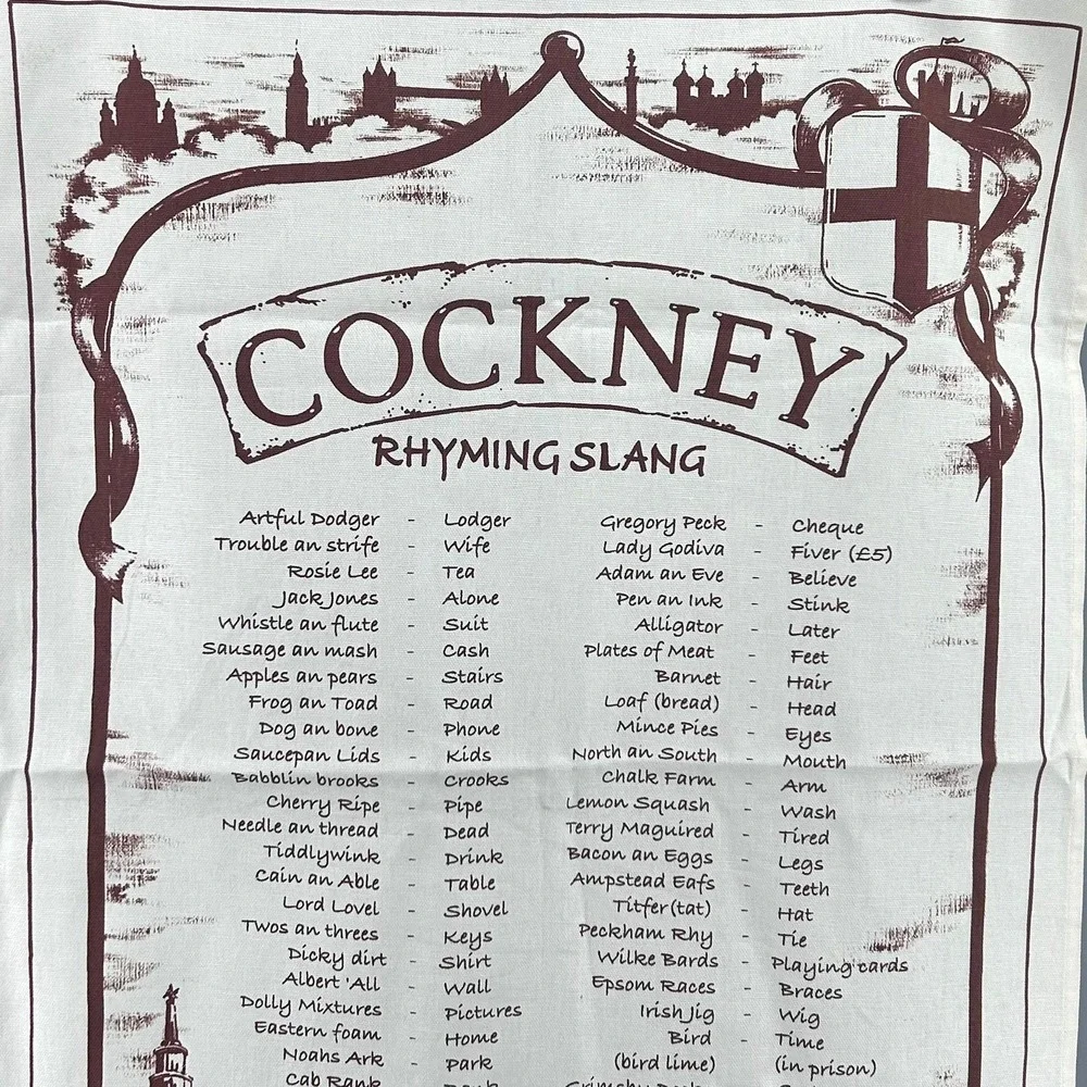 Cockney Rhyming Slang Tea Towel London British Heritage Cotton Cream Novelty